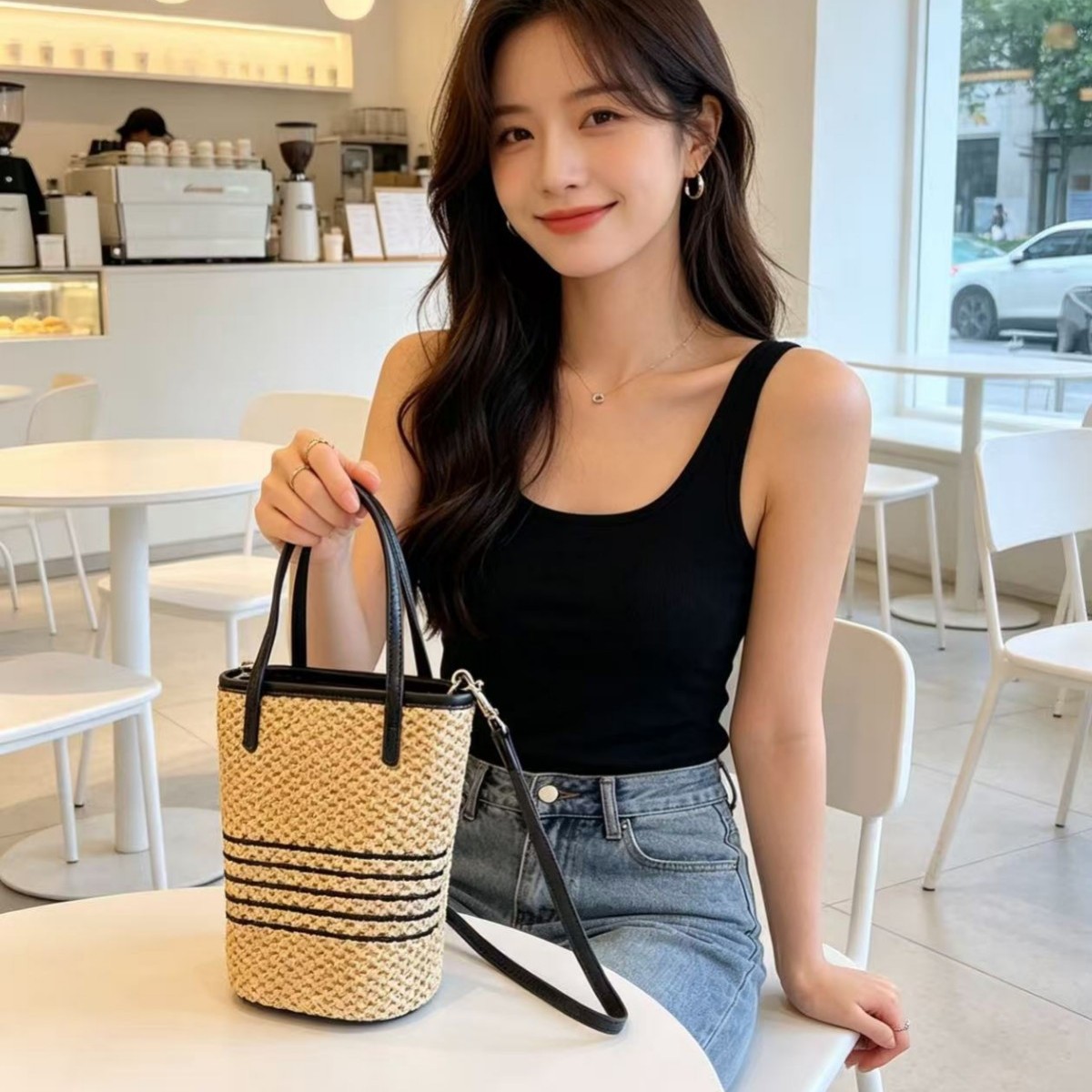 度假风草编手提小托特包女2026新款海边沙滩编织包百搭斜挎饺子包