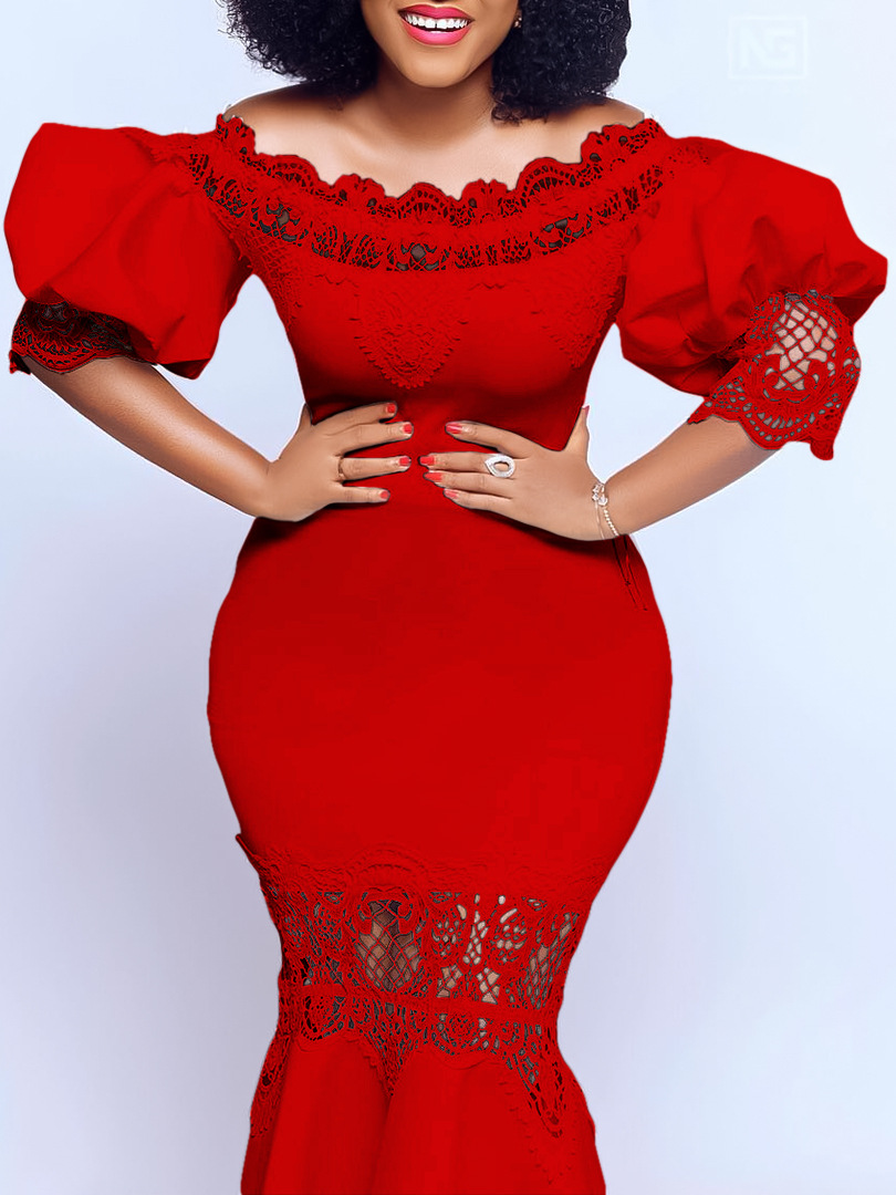 Estación independiente de las mujeres fuera de cuello puff manga encaje costura banquete vestido de cola de pescado Falda larga vestido de comercio exterior transfronterizo image 3