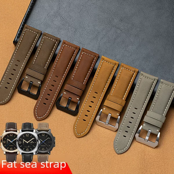 Fat Sea Leather Watch Strap, Crazy Horse Leather, Suitable for Panerai Watches, European and American Matte Retro Rugged Crazy Cow Leather Strap