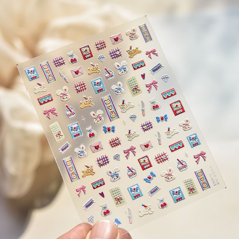 Cartoon New Cute Bear and Puppy Embossed Nail Art Stickers 3D Bow and Bunny DIY Nail Decoration Stickers