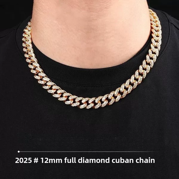European and American Alloy Chain with Full Diamond Clasp 12mm Round Necklace Hip-Hop Cross-Border Wholesale Cool High-Quality Cuban Chain
