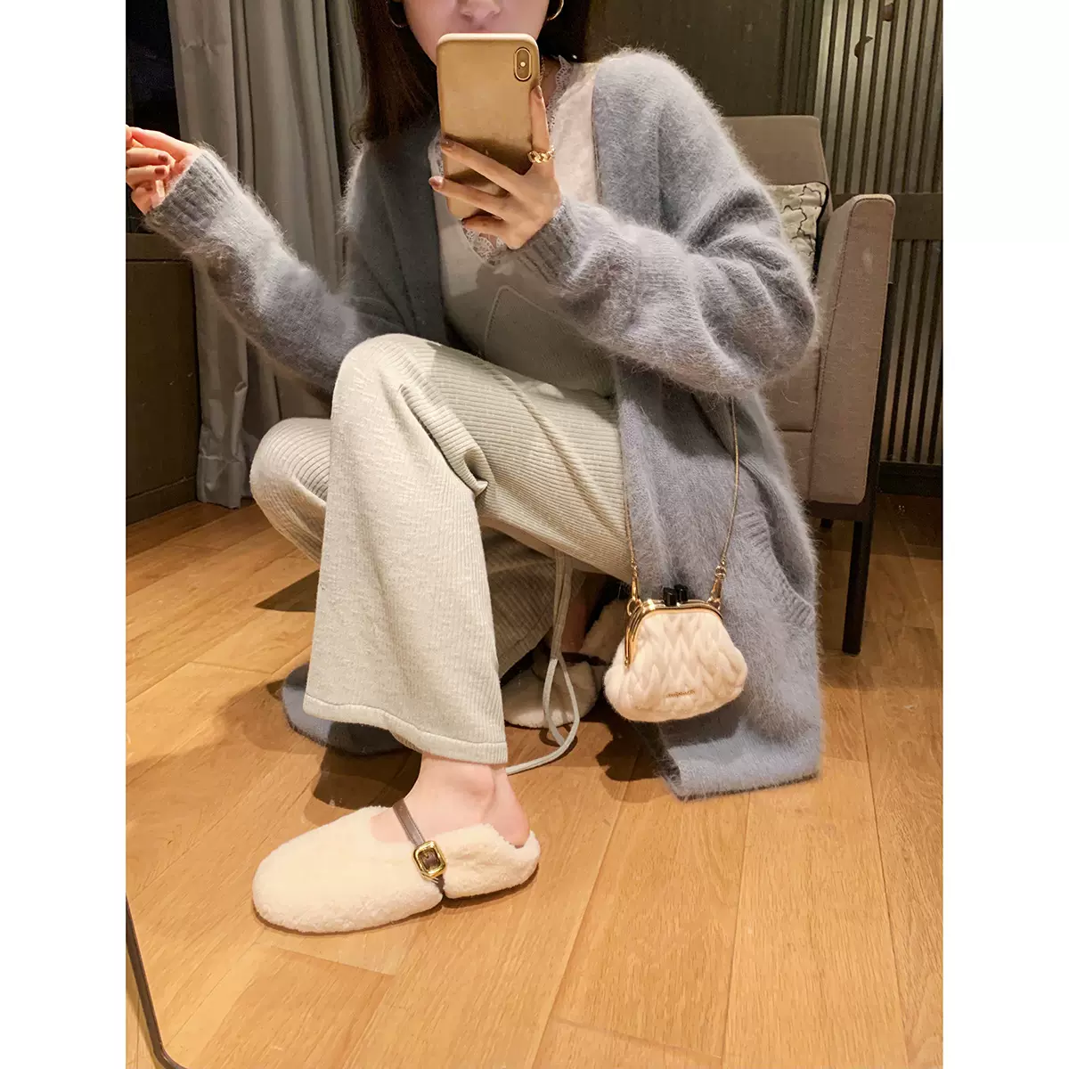 真毛福利款葡萄妈同款冬季百搭圆头休闲外穿毛毛单鞋女保暖