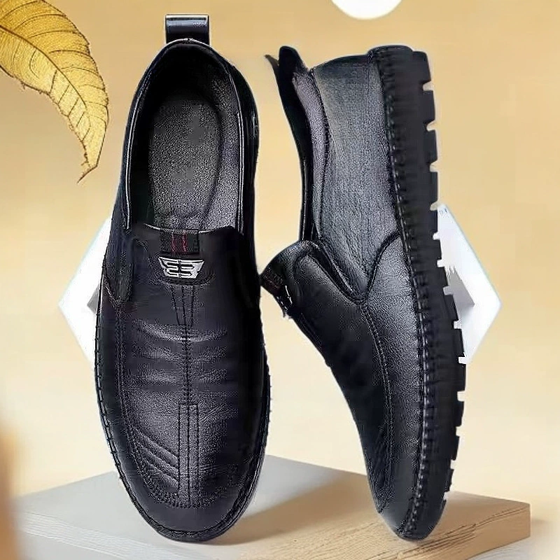 Кожаная обувь мужская мягкая кожа бизнес-досуг для пожилых людей с мягким дном весной 2025 новый большой размер черная нескользящая обувь для пап
