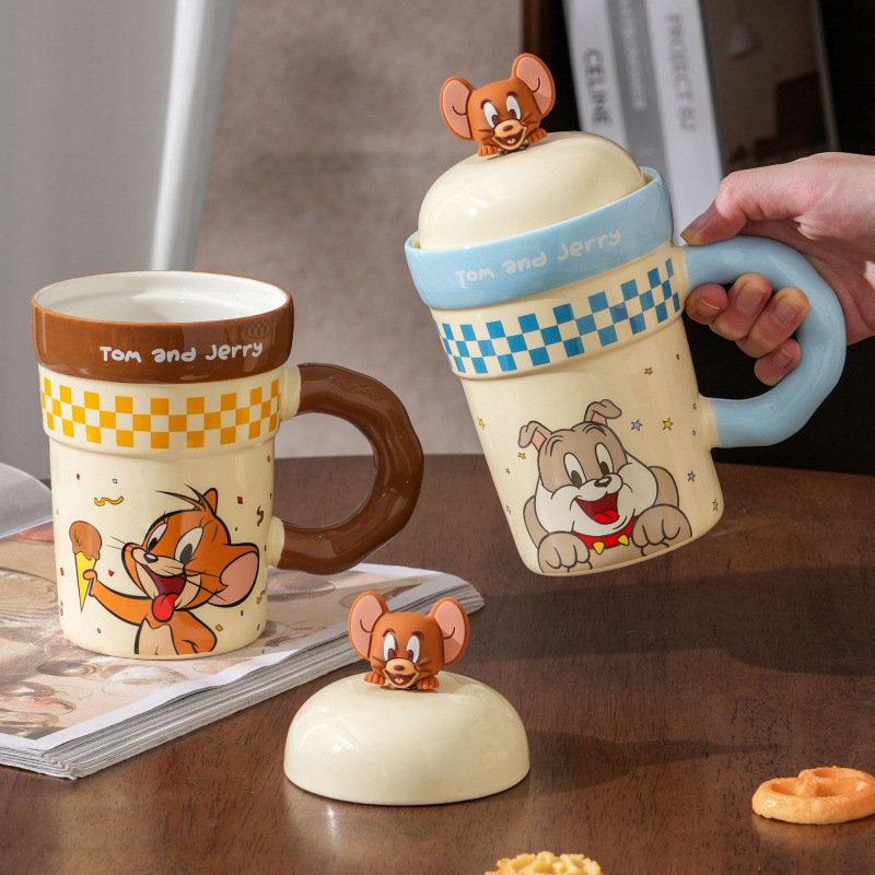 Gatos y ratones auténticos copos de marca encantadores tazas de gran capacidad tazas de cerámica domésticas con tapa de alta calidad de agua taza