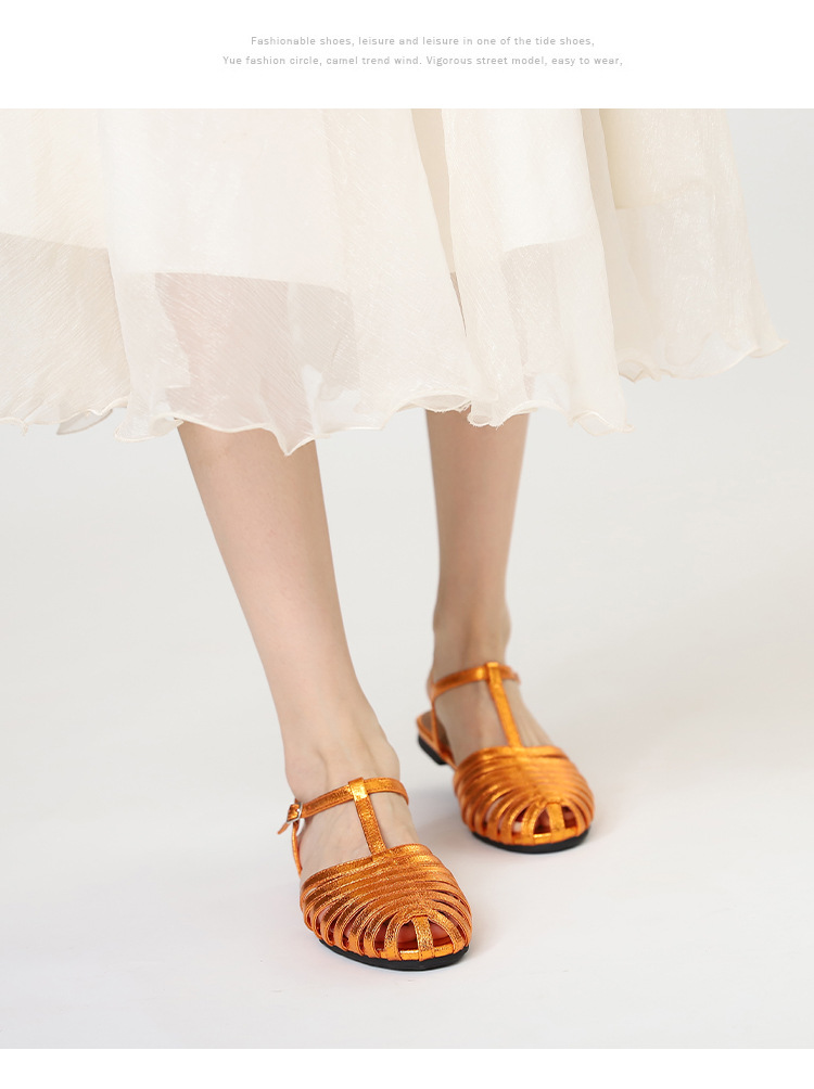 Metallic Shiny Roman Sandals For Women, Summer Fashion Closed-Toe Flat Shoes With Single Strap And Hollow Design,_desvips.com