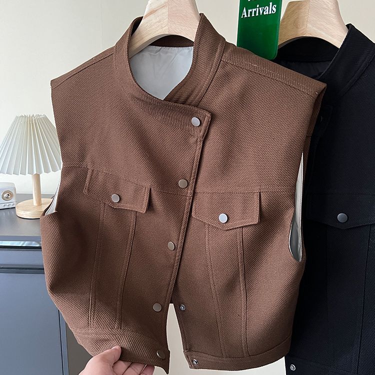 디자인 감각 틈새 수직 칼라 민소매 조끼 여성 최고의 유럽 이른 가을 패션 얇은 조끼 트렌디 한 짧은 재킷