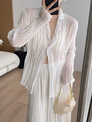 Women's Everyday Wear Commuting Collarless Shawl Collar Blouse with Pleats - 25 Summer New Air Conditioning Shirt