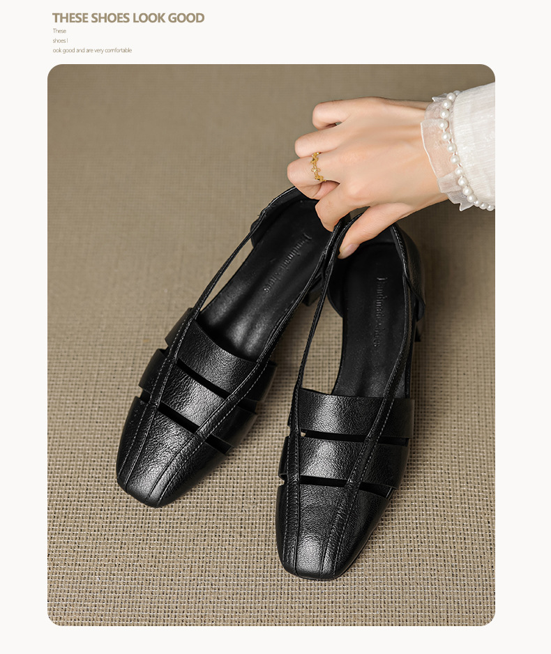 Dép sandal nữ bao đầu rỗng gót thấp 3 cm, mũi tròn kiểu dệt, phong cách đơn giản đi làm — đen chi tiết 16