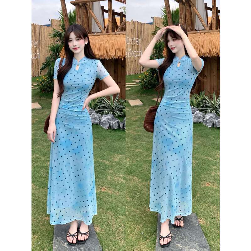 New Chinese-Style Retro Polka Dot Improved Cheongsam Dress for Women, Plus Size, for Chubby Girls, Super Stylish in Summer, Waist-Cinching, Water Drop Collar Long Dress