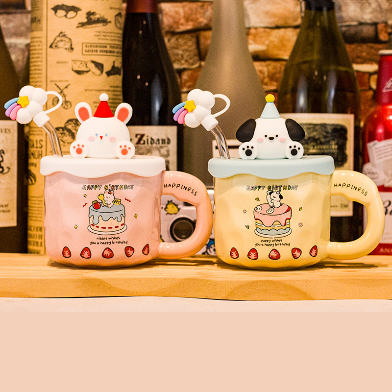 女生高颜值马克杯生日礼物陶瓷水杯带盖勺吸管可爱小兔狗猪办公室