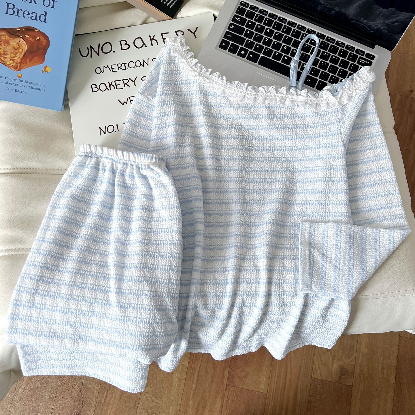 봄 가을 신상 잠옷녀 모달 줄무늬 색직 레이스 칼라 오프숄더 커버 더블 롱