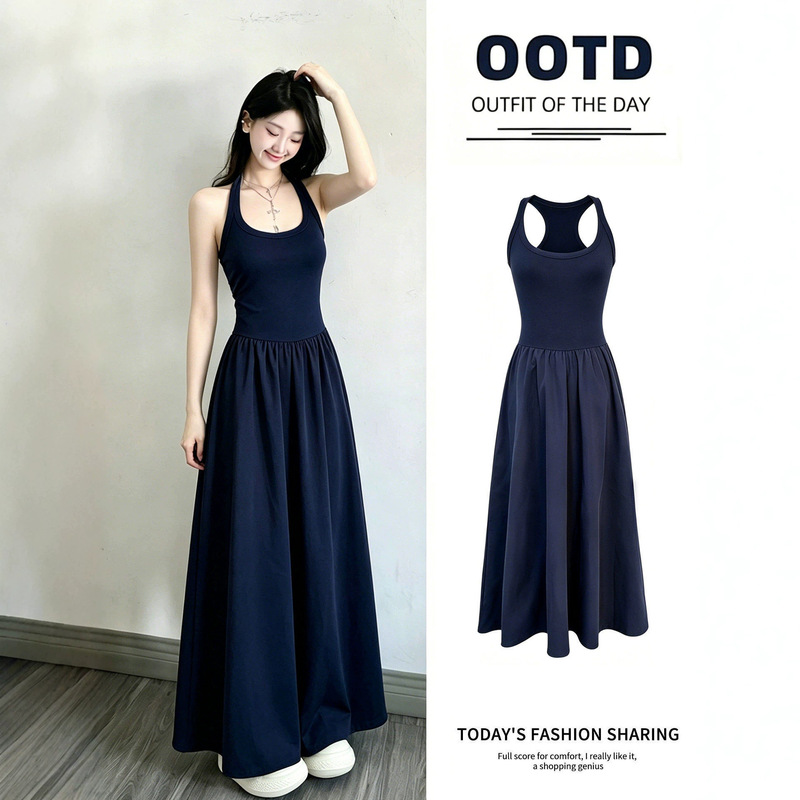 Blue Halter Neck Dress for Women, Unique and Beautiful for Early Summer, Cinched Waist Long Dress, Stunning Summer Dress Blue Halter Neck Dress for Women, Unique and Beautiful for Early Summer, Cinched Waist Long Dress, Stunning Summer Dress