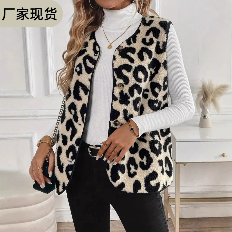 Внешняя торговля Осень и Зима Амазонка трансграничные европейские и американские дамы с леопардовым принтом жилет пуговицы плюшевая мода жилет женский жилет