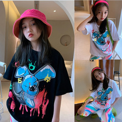 Children's and Teenagers' Short-Sleeve T-Shirts 2023 Summer New Releases for Middle and Older Children Korean Style Loose and Trendy Streetwear Cartoon Hip-Hop Top