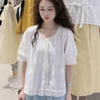 法式高级感蕾丝花边领短袖衬衫女夏季新款2026系带洋气显瘦衬衣潮