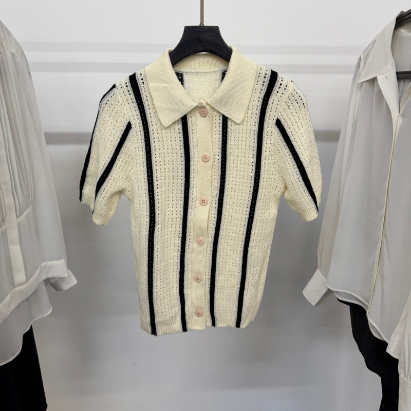 Vintage Color Block Hollow Slim Fit Vertical Stripe Short Sleeve Knit Cardigan Top Vintage Color Block Hollow Slim Fit Vertical Stripe Short Sleeve Knit Cardigan Top