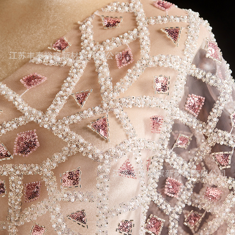 Sequinilla, cuentas bordadas rosadas, cuentas bordadas tridimensionales, tela bordada, cuentas bordadas, vestido de boda de moda