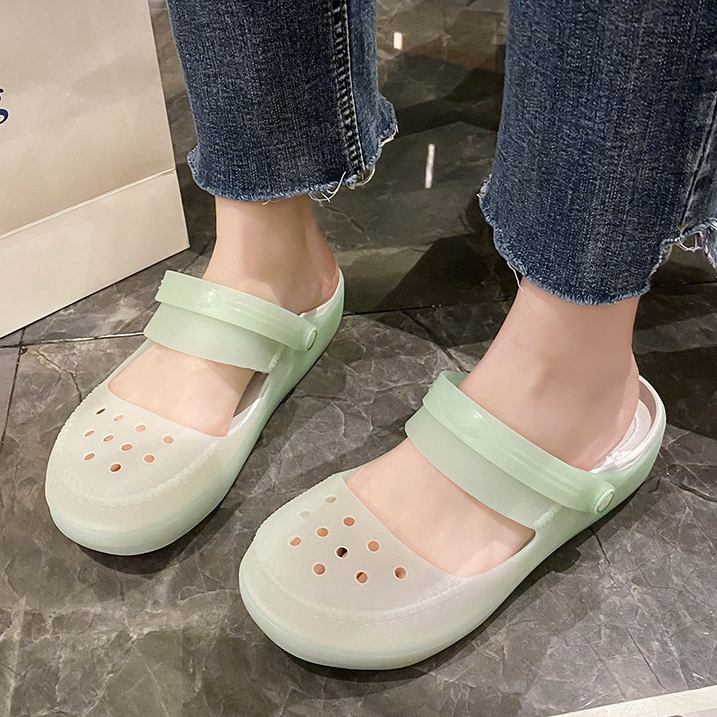 Mary Jane Shoes para mujer 2025 nuevo estilo suela gruesa suela blanda ropa exterior de verano gelatina de hadas transparente sandalias Baotou de verano
