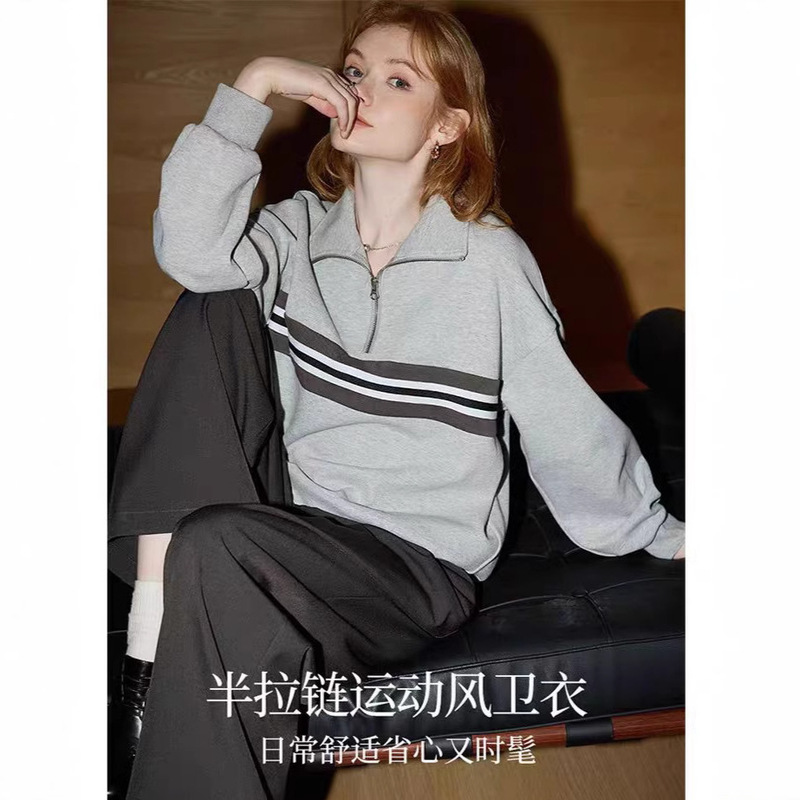 Kuen's Polo Collar Simple Long-Sleeved Sweatshirt for Women Spring 2026 New Loose Half-Open Collar Pullover Top