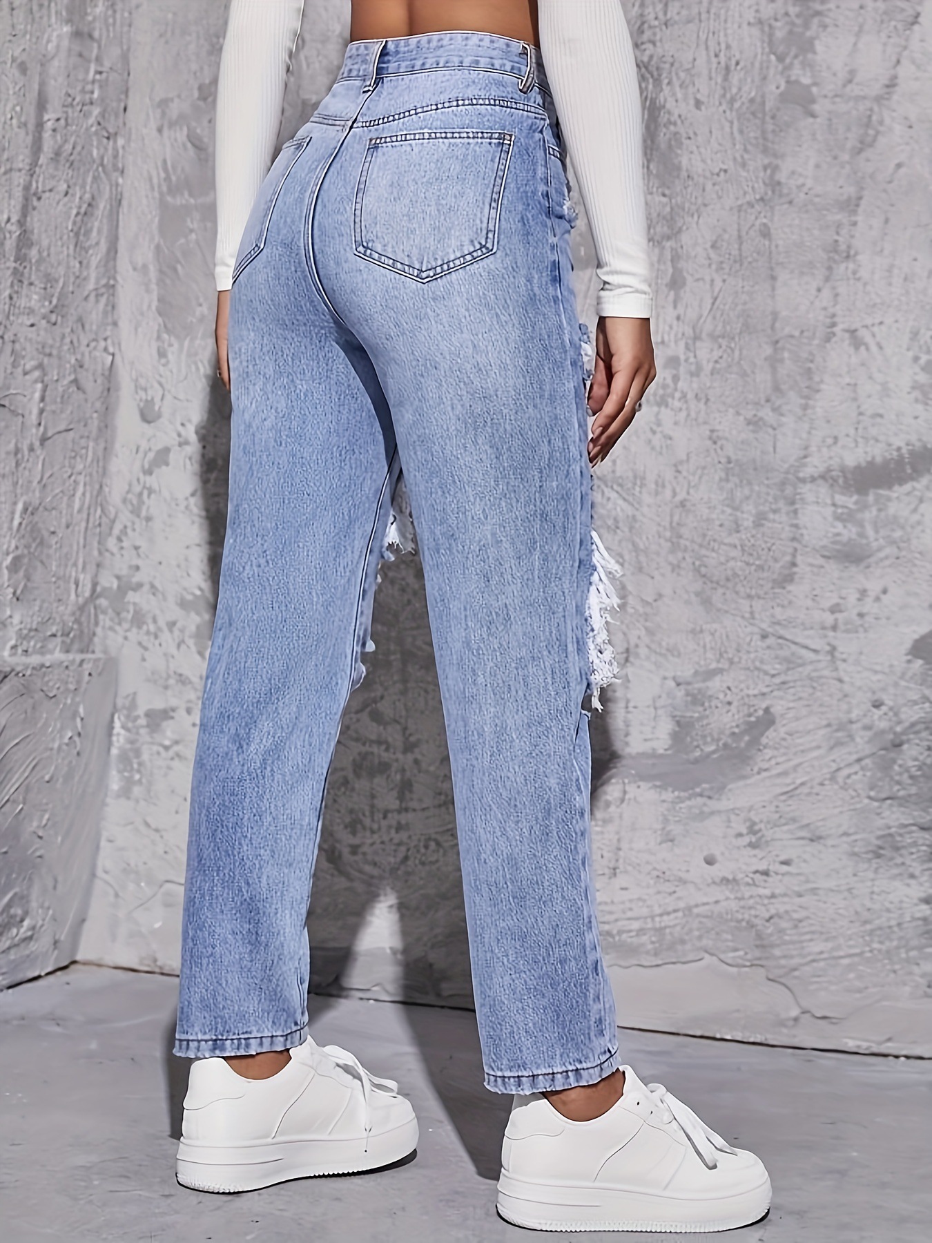 European And American Blue Ripped High-waisted Denim Straight-leg Pants Women's Fashion Versatile Trousers_ecoleips.com
