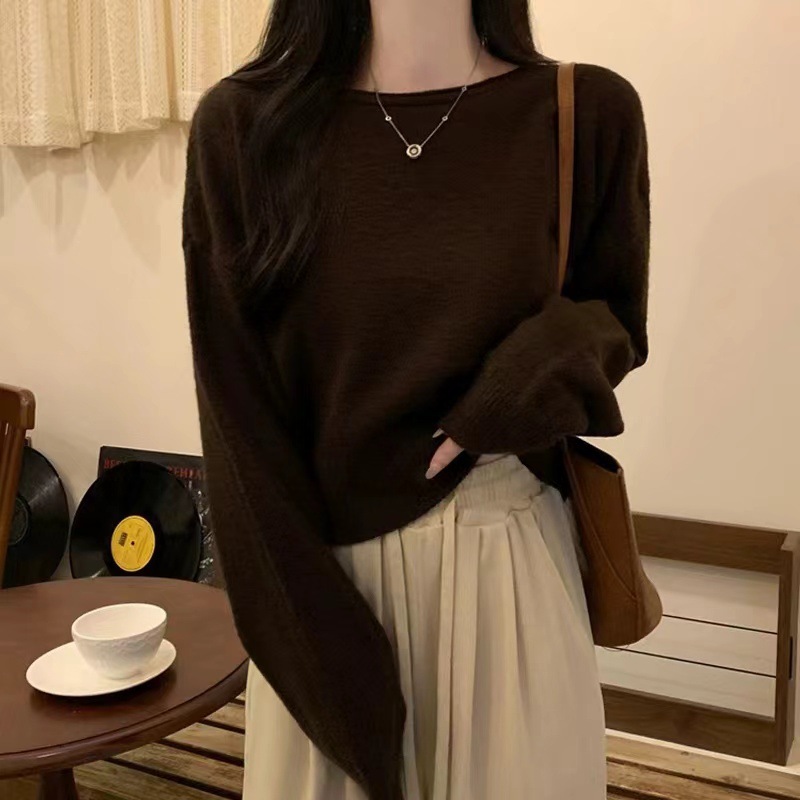 Otoño y invierno nuevos suéteres de mujeres sueltos hookah corto un cuello de punto versátil camiseta de fondo perezosa camiseta de viento para mujeres image 11