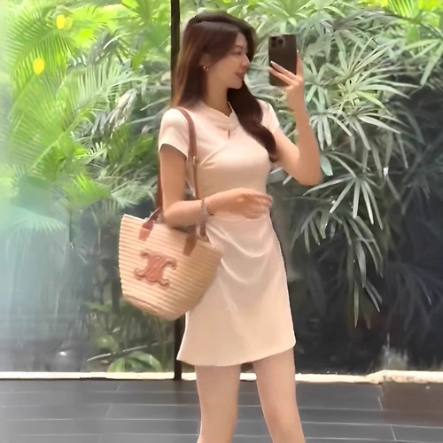 New Chinese Style National Wind Short Sleeve Dress for Women 2025 New Summer Small Figure Waist Slimming A-Line Skirt Summer