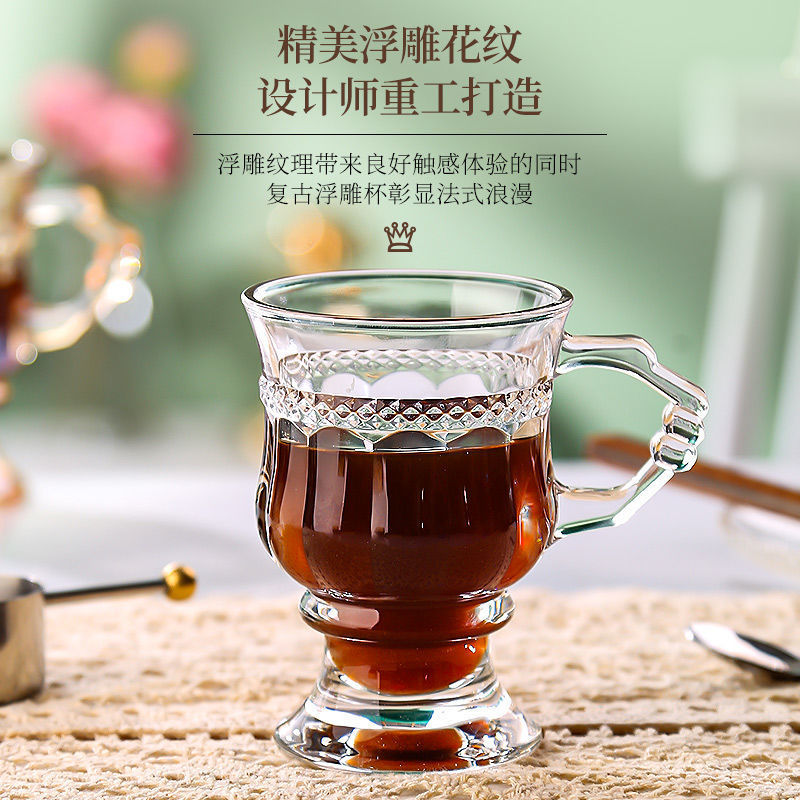 INS vintage en relieve taza de vidrio con mango pierna alta Copa ámbar de aspecto alto chica corazón regalo taza de café taza de té