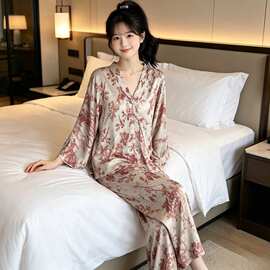 夏季睡衣女冰丝长袖长裤套装丝滑薄款国风印花高级感轻奢风家居服