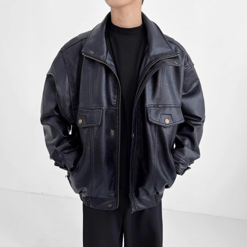 American Retro Motorcycle Soft Leather Jacket for Men, Fake Leather Short Sleeve Spring and Autumn Season Couple High-End Pilot Jacket