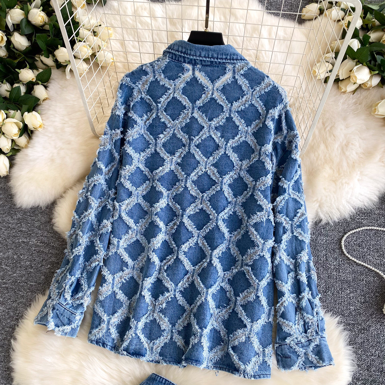 Women's Denim Shirt And Shorts Set Diamond Pattern Frayed Edge_voghion.com