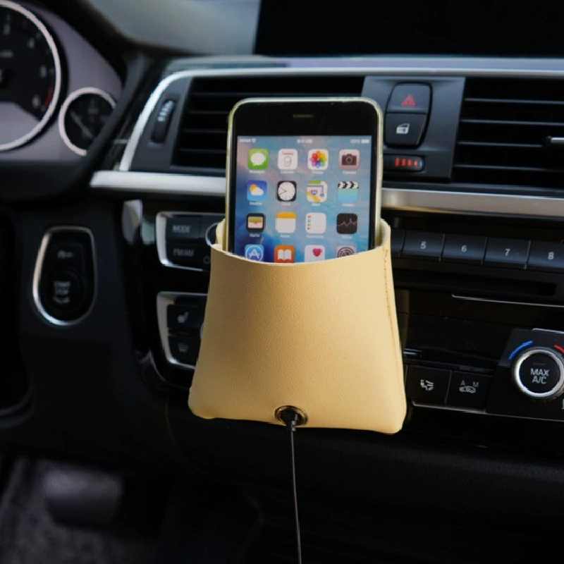 Кожаная подвесная сумка для зарядки мобильного телефона, автомобильная сумка для хранения на воздуховоде, автомобильная косметичка для водительских прав