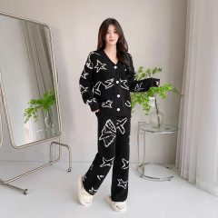 新款宽松保暖半边家居服秋季珊瑚绒针织衫短袖圆领毛衣套装高级