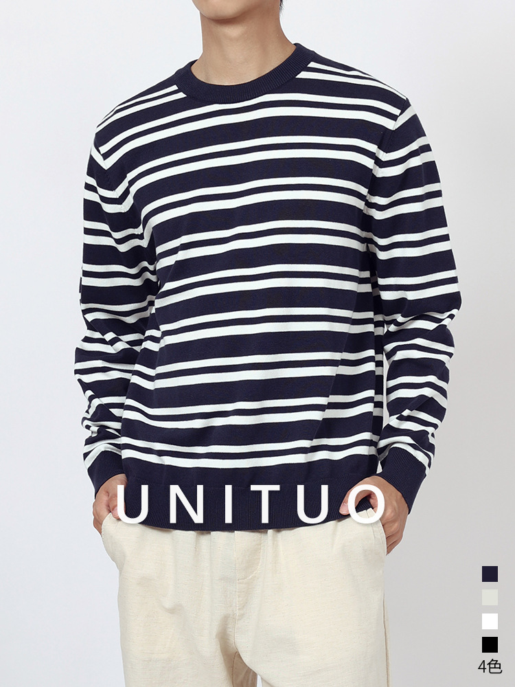 Otoño y invierno viejos suéter de alta gama de estilo de hombre casual versátil de manga larga camiseta a rayas de color contrastante camiseta de punto para hombre