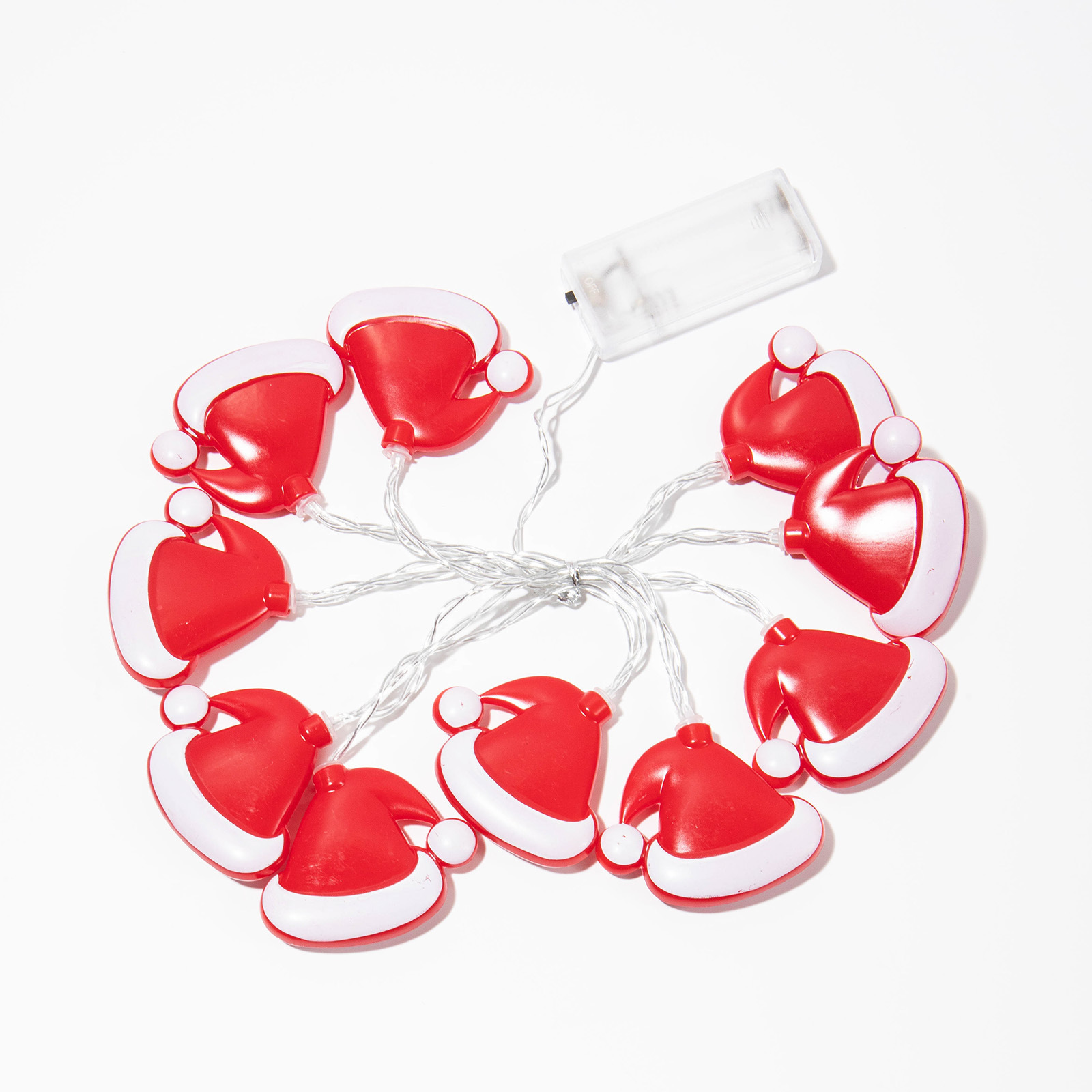 Sombreros rojos de Navidad, calcetines de Navidad, campanas de Navidad, cadenas de lámparas de navidad, pequeñas luces de color