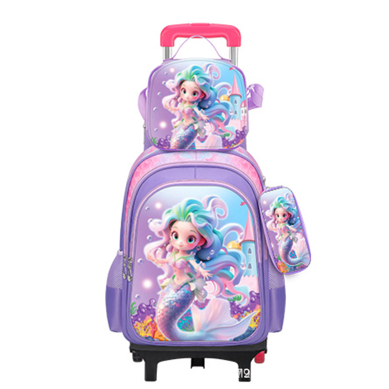 Suministro directo de fábrica, mochila escolar con barra de ruedas para niños, juego de tres piezas, protección de la columna para estudiantes de primaria, reducción de carga, mochila universal de dos ruedas y seis ruedas