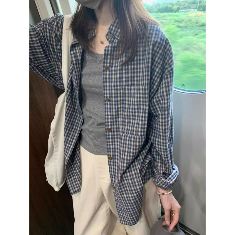 韩版蓝色格子长袖衬衫女春秋2025新款慵懒风衬衣外套宽松显瘦上衣|undefined