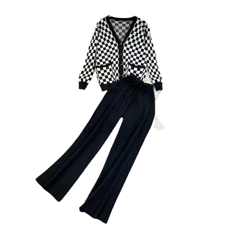 Damenbekleidung neuer karierter Jacquard-Pullover mit Hose, langärmelige Oberteile, lässiger zweiteiliger Strickanzug_voghion.com