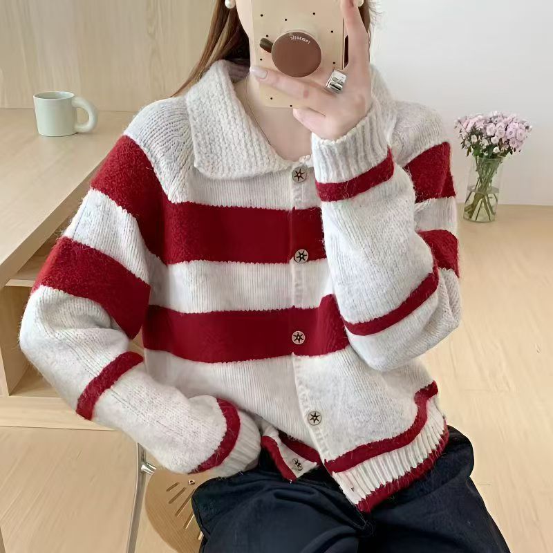 Striped Color-Blocking Lazy Style Turn-Down Collar Knit Cardigan Jacket Korean Versatile Age-Reducing Autumn and Winter New Sweater Top for Women