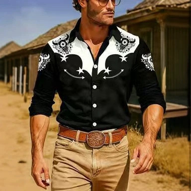 Cross-border American retro shirt with western bull head print, long-sleeved shirt, casual and versatile, breathable men's shirt