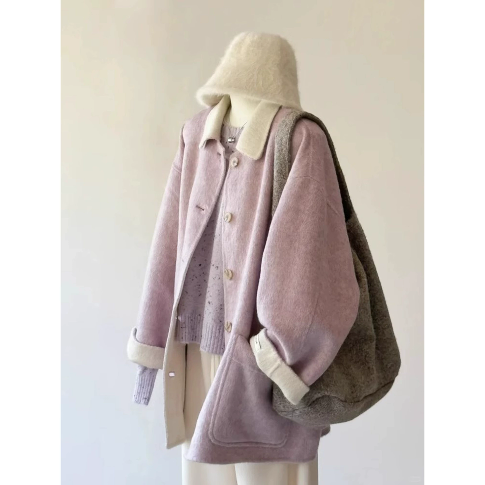 Таро Фиолетовое шерстяное пальто для женского весеннего и осеннего высокого уровня чувство средней длиной плечо костюм кашемировая шерстяная шерстяная сумка большого размера