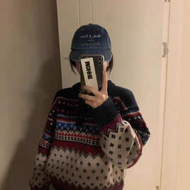 费尔岛圣诞撞色条纹毛衣深秋初冬穿搭慵懒高级感学院风针织衫上衣