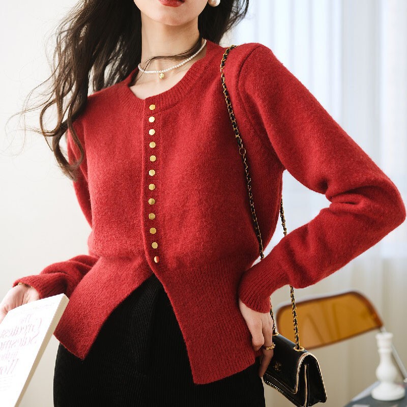 French Style Knitted Cardigan for Women 2025 Spring & Fall Waist-Cinching Inner Bottoming Top Exquisite Red Sweater for Women