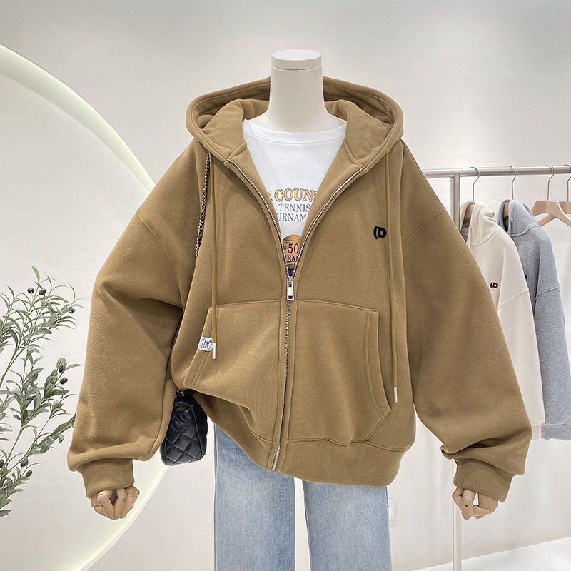 加绒加厚连帽卫衣女秋冬简约百搭宽松休闲oversize拉链开衫外套潮|undefined