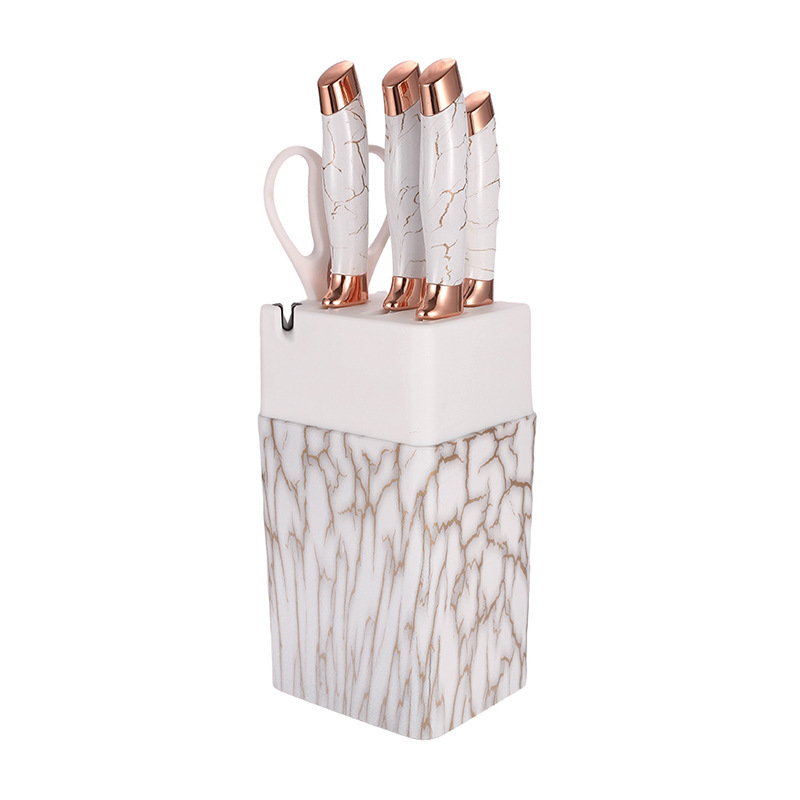 Yangjiang fábrica de herramientas de acero inoxidable imitación de mármol de cocina corte de verduras set de siete piezas incluida la combinación de cuchillo base