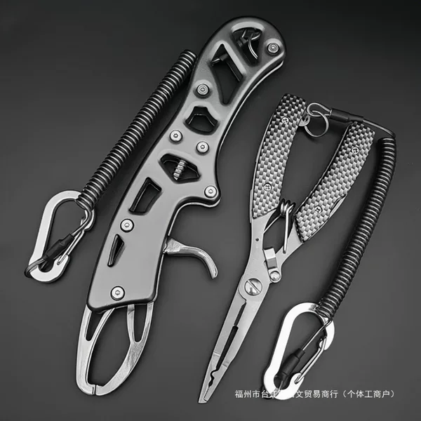 New plaid-patterned stainless steel fishing pliers, designed for controlling fish, opening rings, tying lines, and removing hooks – a specialized tool for outdoor fishing