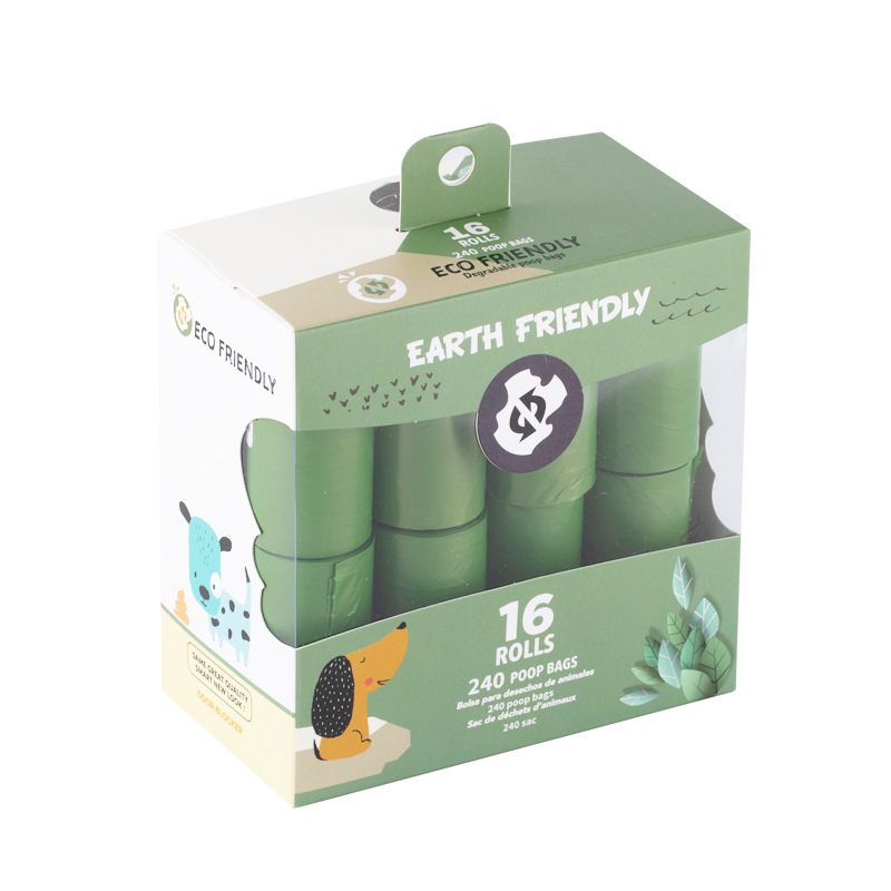 En stock 1,5 bolsa de heces de perro en caja de seda boca plana bolsa de heces bolsa de mierda respetuosa con el medio ambiente bolsa de basura para mascotas degradable