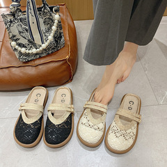 亞麻包頭半拖鞋女外穿蕾絲透氣涼拖鞋2024夏新款一腳蹬漁夫勃肯鞋