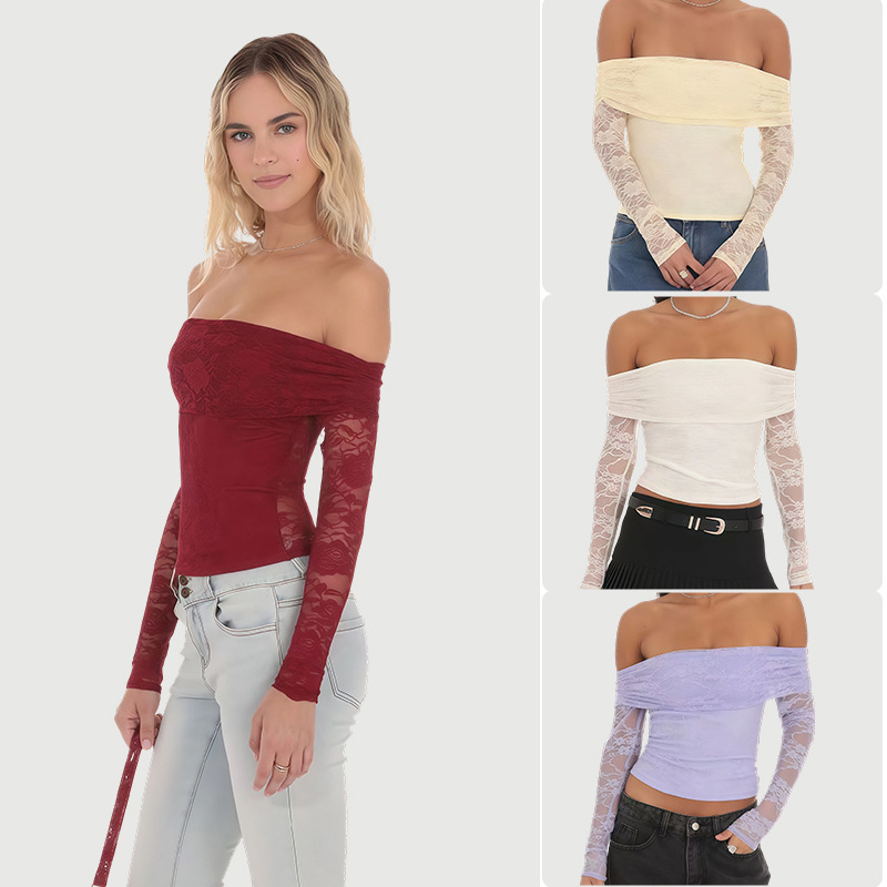 European and American Style Mature Temperament Solid Color Lace T-Shirt for Women 2025 Autumn New Slim Fit Temperament Off-Shoulder Long Sleeve Top