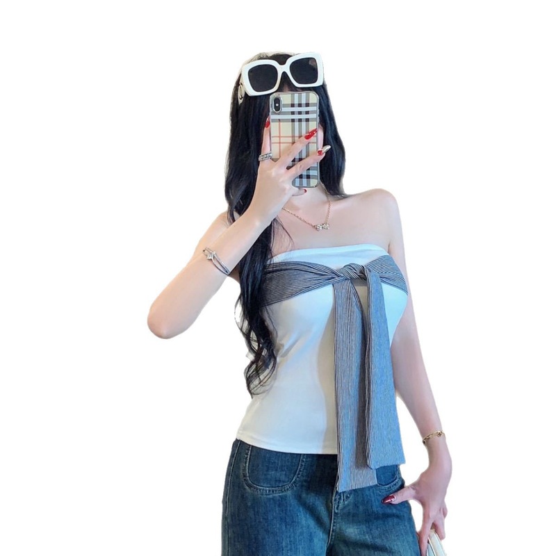 5561 # レーヨンレトロバックレスストライプストラップチューブトップ女性用胸パッド付きアウターウェアワンラインバックトップ|undefined