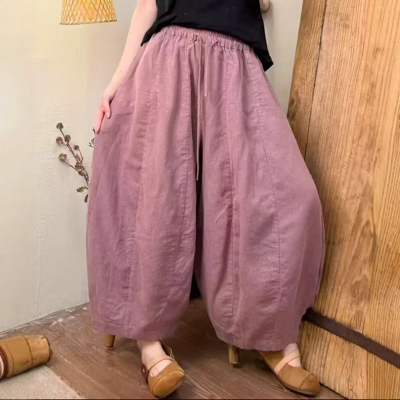 2025 Autumn New Korean Style Loose Personality Sand Washed Linen Patchwork Elastic Waist Pumpkin Pants Versatile Casual Pants for Women